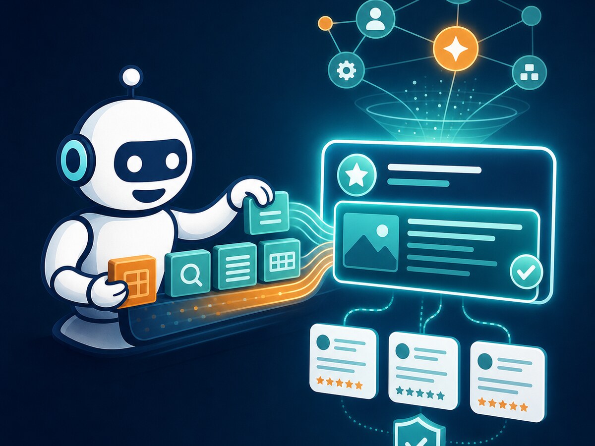 Rainman robot feeding structured data blocks into an AI answer interface to show authority building, schema, citations, and AI visibility.