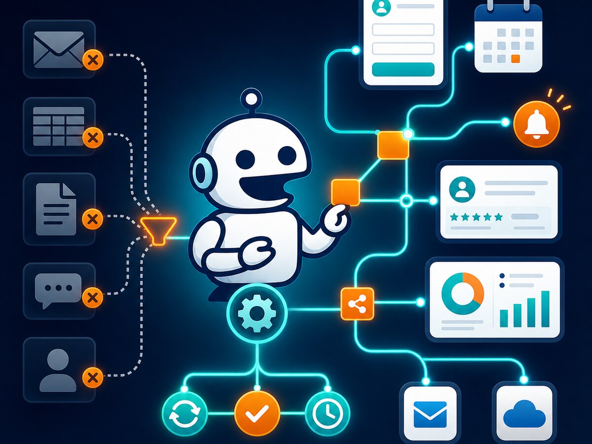Rainman robot connecting forms, calendars, notifications, reports, email, and cloud tools into one automated business workflow.